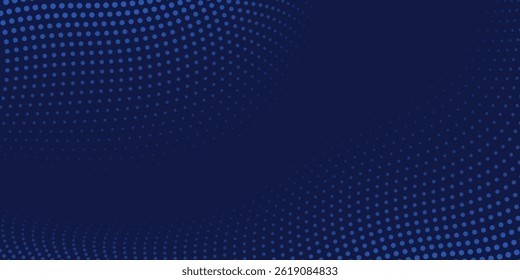 Halftone wavy background. Blue halftone dot pattern with abstract wavy flow, dynamic dot texture and sport style gradient background. Vector texture.