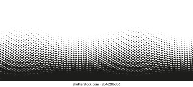 Halftone wavy dot pattern. Pop art gradient background with circles. Comic half tone effect. Abstract wave texture. Optical spotted design. Black white banner. Monochrome vector illustration