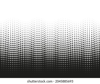 Halftone wavy dotted pattern. Pop art gradient background with circles. Comic half tone texture. Abstract wave design. Optical spotted effect. Black white banner. Monochrome vector illustration