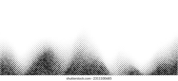 Halftone wavy grunge background. Faded grain textured wallpaper. Black and white noise grit surface. Pixelated speckles, dots and particles. Vector backdrop