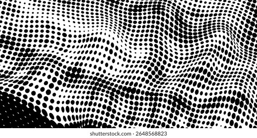 Fundo grunge ondulado de meio-tom. Papel de parede texturizado de grãos desvanecendo. Superfície branca preta do ruído cômico. Vetor de sobreposição de manchas, pontos e partículas pixelizadas
