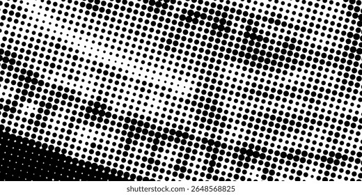 Halftone wavy grunge background. Fading grain gritty textured wallpaper. Black white comic noise grit surface. Pixelated speckles, dots and particles overlay vector
