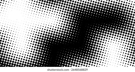 Fundo grunge ondulado de meio-tom. Papel de parede texturizado de grãos desvanecendo. Superfície branca preta do ruído cômico. Vetor de sobreposição de manchas, pontos e partículas pixelizadas
