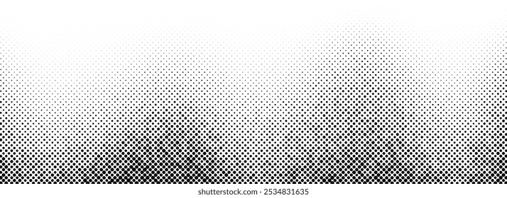 Fondo de gradiente grunge ondulado de semitono. Fondo de pantalla arenoso de grano descolorido. Superficie de grano de ruido cómico blanco negro. Pintas pixeladas, puntos y superposición de partículas. Cubierta de fondo de arena sucia envejecida. Vector