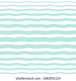 Halftone wavy stripes, waves seamless repeat background, pattern. Mint green and white hand drawn uneven lines, streaks, strips, bars abstract template. Striped sea, water texture.