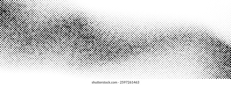 Halftone wavy texture background. Dotted gritty sand noise wallpaper. Black grunge pop art wave gradient overlay. Weathered pixelated raster halfton comic backdrop. Vector bitmap fading subtle surface