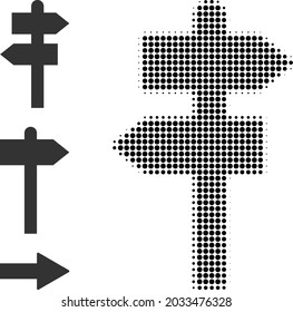 Halftone way pointer. Dotted way pointer designed with small circle dots. Vector illustration of way pointer icon on a white background. Halftone pattern contains circle dots.