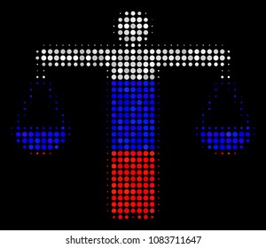 Halftone Weight Comparing Person icon colored in Russia state flag colors on a dark background. Vector composition of weight comparing person icon created from circle elements.