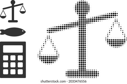 Halftone weight disbalance. Dotted weight disbalance designed with small spheric pixels. Vector illustration of weight disbalance icon on a white background. Halftone pattern contains circle pixels.