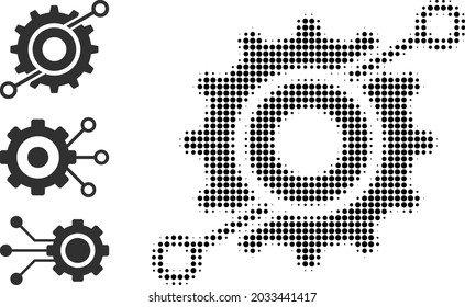 Halftone wheel connections. Dotted wheel connections constructed with small circle pixels. Vector illustration of wheel connections icon on a white background. Halftone pattern contains circle points.