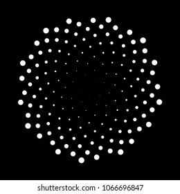 Halftone white dotted circles isolated on the black background. Halftone effect vector pattern. Randomly distributed white dots for your design.