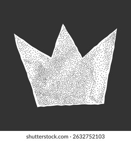 Halftone white paper sticker in abstract crown form with jagged edges on dark background. Torn crumpled notebook piece, collage design element.