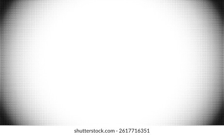 Halftone white vector dot corner pattern background. Comic black graphic art frame gradient circle fade texture. Border pop overlay with an abstract mesh design with a round polkadot effect.
