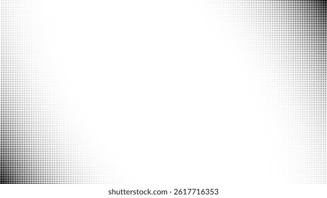 Halftone white vector dot corner pattern background. Comic black graphic art frame gradient circle fade texture. Border pop overlay with an abstract mesh design with a round polkadot effect.