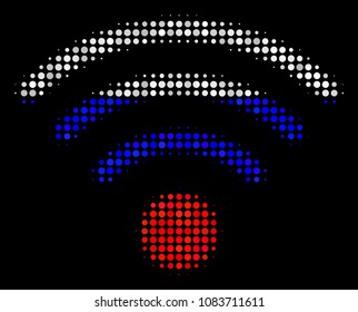 Halftone Wi-Fi Source icon colored in Russia state flag colors on a dark background. Vector pattern of wi-fi source icon organized with circle pixels.