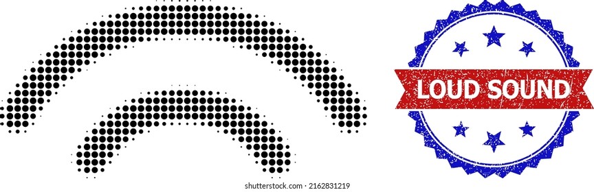 Icono de ondas Wi-Fi de semitono y sello de sonido alto sucio bicolor. El icono de ondas Wi-Fi de semitono se genera con pequeños elementos de círculo. Sello vectorial con estilo bicoloroso de socorro,
