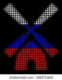 Halftone Wind Mill pictogram colored in Russian official flag colors on a dark background. Vector composition of wind mill icon composed with round dots.
