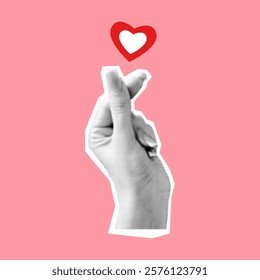 Halftone woman hand making Korean finger heart collage vector illustration. Expressing love affection and romantic feelings on pink background