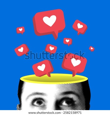 Halftone woman's head is full of heart reactions from social networks. Social media addiction. Blogger looks at like buttons and rejoices. Modern collage