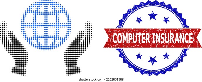Halftone world care hands icon, and bicolor dirty Computer Insurance watermark. Halftone world care hands icon is designed with small round elements. Vector watermark with retro bicolored style,