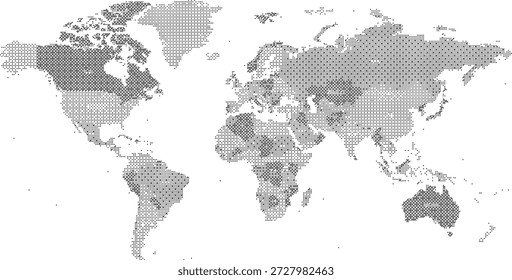 Halftone world map in black and white with various patterns
