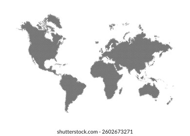 Halftone world map. Monochrome dotted world map. Continents and islands contours created with halftone dot pattern. Vector illustration.