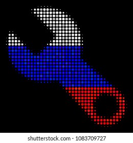 Halftone Wrench icon colored in Russia state flag colors on a dark background. Vector pattern of wrench icon organized from spheric spots. Designed for political and Russian patriotic agitation.