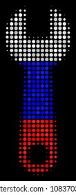Halftone Wrench icon colored in Russian state flag colors on a dark background. Vector composition of wrench icon done from round elements. Designed for political and Russian patriotic agitation.