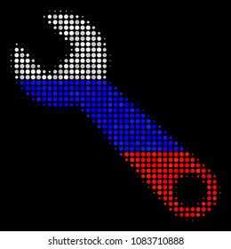 Halftone Wrench icon colored in Russian state flag colors on a dark background. Vector concept of wrench icon organized from circle blots. Designed for political and Russian patriotic proclamations.