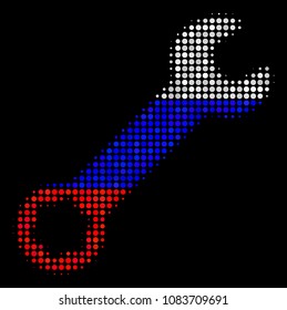 Halftone Wrench pictogram colored in Russian state flag colors on a dark background. Vector mosaic of wrench icon made from circle dots. Designed for political and Russian patriotic purposes.