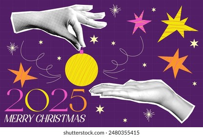 Diseño de Navidad 2025. Collage con mano y bola, estrella. Gráfico de mano y garabato de Vector de semitonos