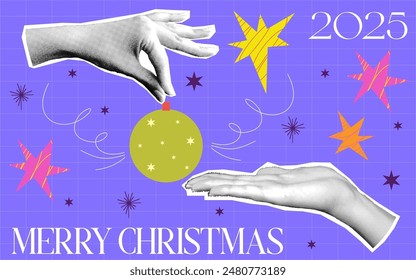 Halftone xmas design 2025. Collage with hand and ball, star. Halftone vector hand and doodle graphic