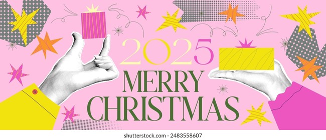 Halftone xmas design 2025. Collage with hand and gift, star. Halftone vector hand and doodle graphic