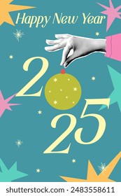 Halftone xmas design 2025. Collage with hand and ball, star. Halftone vector hand and doodle graphic