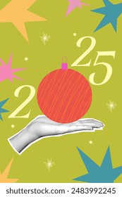 Halftone xmas design 2025. Collage with hand and ball, star. Halftone vector hand and doodle graphic