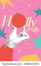 Diseño de Navidad 2025. Collage con mano y bola, estrella. Gráfico de mano y garabato de Vector de semitonos