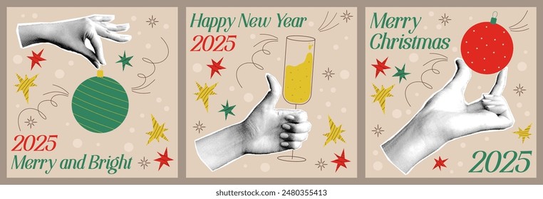 Halftone xmas retro design 2025. Collage with hand and ball, champagne. Halftone vector hand and doodle graphic