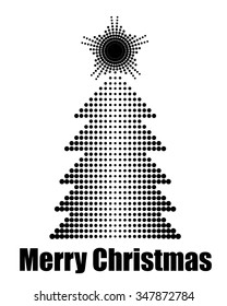 Halftone Xmas tree with star. Dots pattern. Black and white halftone Christmas tree. Halftone design elements.