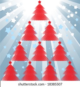 Halftone xmas trees on starburst background in vector