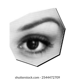 Halftone y2k collage design element cut out female eye black and white isolated vector illustration