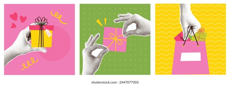 Halftone Y2k collage poster season of giving set. Retro Hands gives presents. Event, holiday, birthday mixed media style cards. Vector illustration