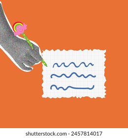 Halftone y2k Hand With Pen write a note on a sheet of notebook. Vector retro collage banner on  vibrant background