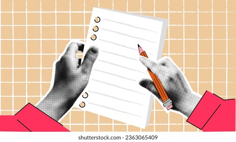 Halftone y2k Hand With Pencil Write A Note on a sheet of notebook. vector retro collage banner on  vibrant neon background