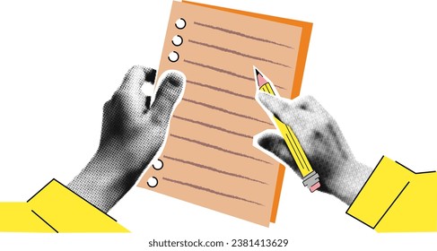 Halftone y2k Hand With Pencil Write A Note on a sheet of notebook. vector retro collage banner on  vibrant neon background