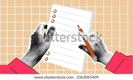 Halftone y2k Hand With Pencil Write A Note on a sheet of notebook. vector retro collage banner on  vibrant neon background