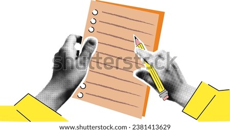 Halftone y2k Hand With Pencil Write A Note on a sheet of notebook. vector retro collage banner on  vibrant neon background