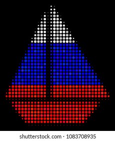 Halftone Yacht pictogram colored in Russian state flag colors on a dark background. Vector collage of yacht icon constructed from circle items. Designed for political and Russian patriotic doctrines.