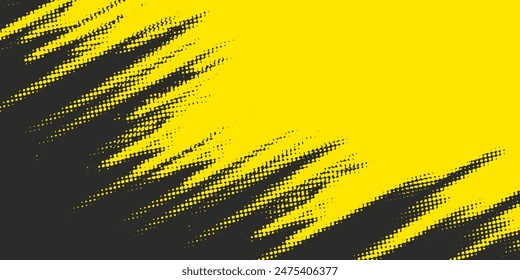 Halftone yellow dots pattern and black gradient grunge texture background. Dotted line comic sport style vector illustration.