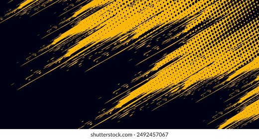 Halftone yellow dots pattern and black gradient grunge texture background. Dotted line comic sport style vector illustration