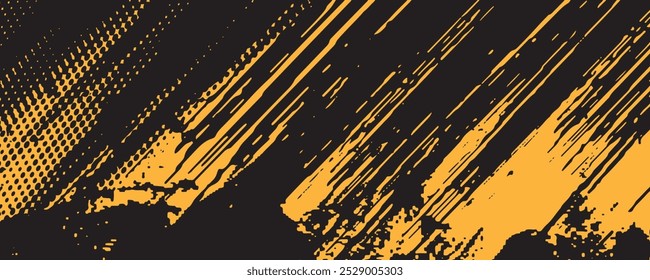 Padrão de pontos amarelos de meio-tom e fundo de textura grunge gradiente preto. Linha pontilhada ilustração de vetor de estilo de quadrinhos.